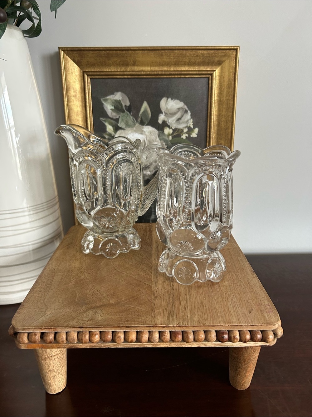 L.E. Smith Moon and Star Clear Spooner and Creamer Pitcher